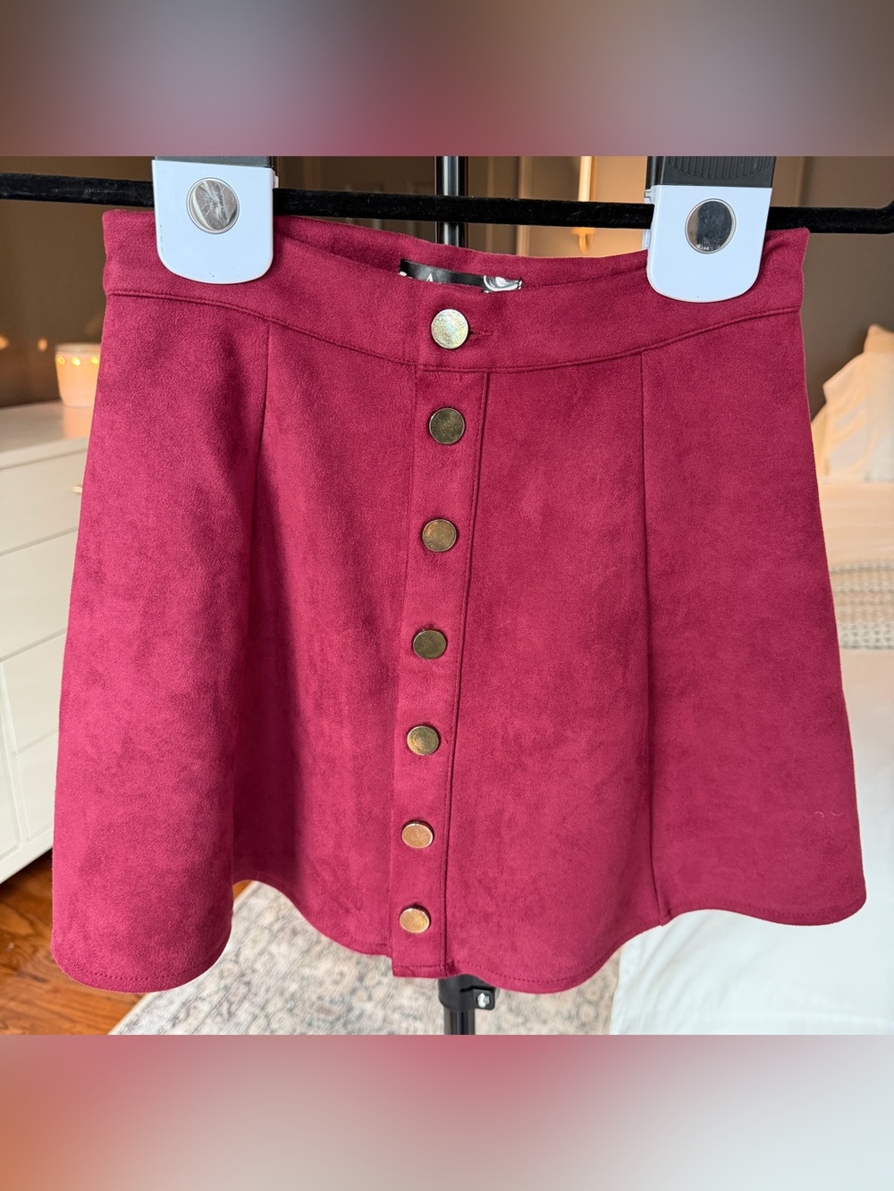 Women’s Button-Front Wine Red Suede A-Line Skirt Size Small